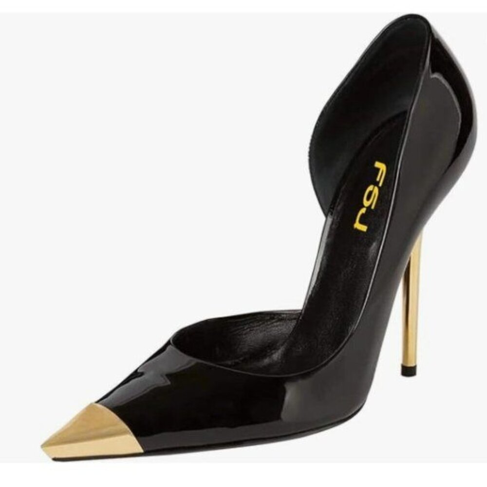 FSJ Black Sexy Pointy Cap Toe High Gold Heel Pumps Half D'Orsay Slip On Shoe